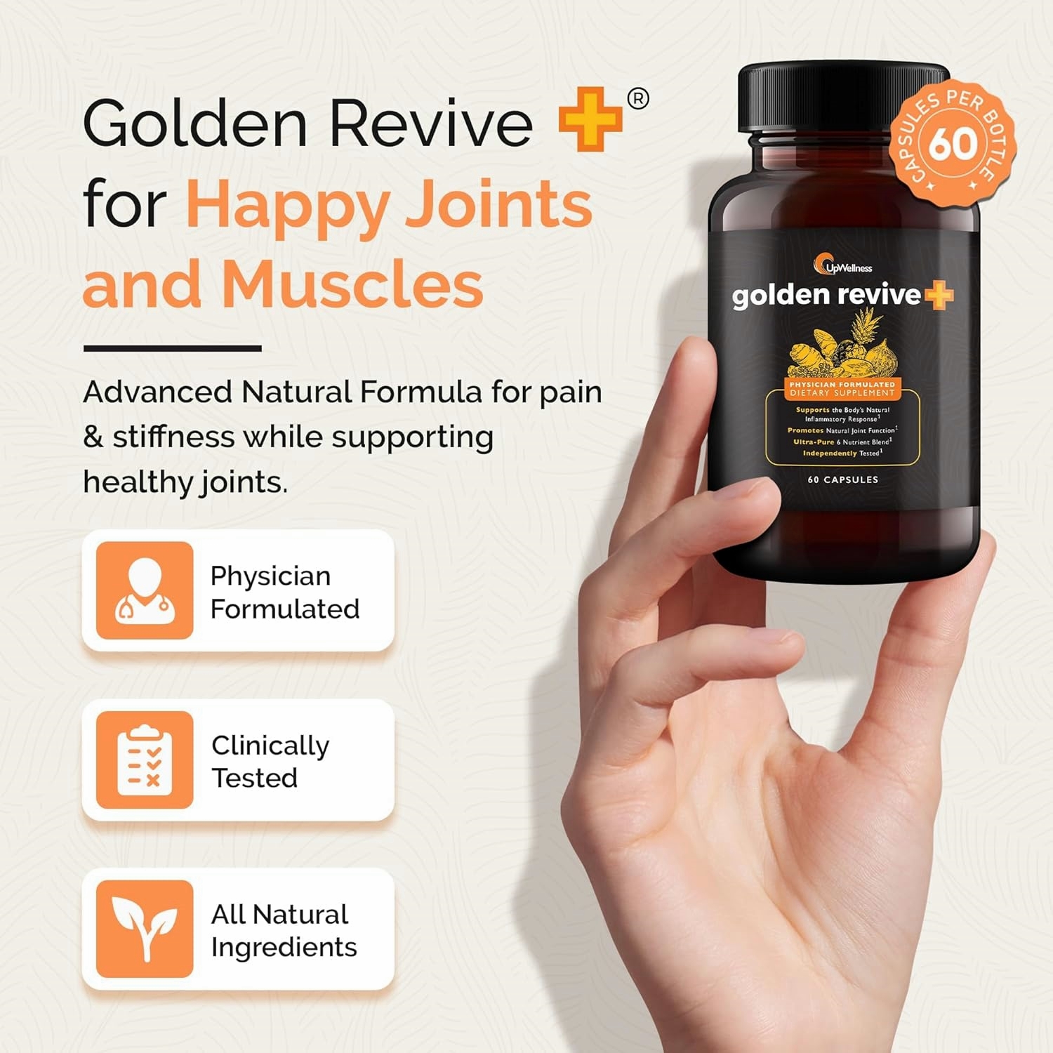 An advert for Golden Revive+ joint supplement with hand holding a bottle, and benefits listed.